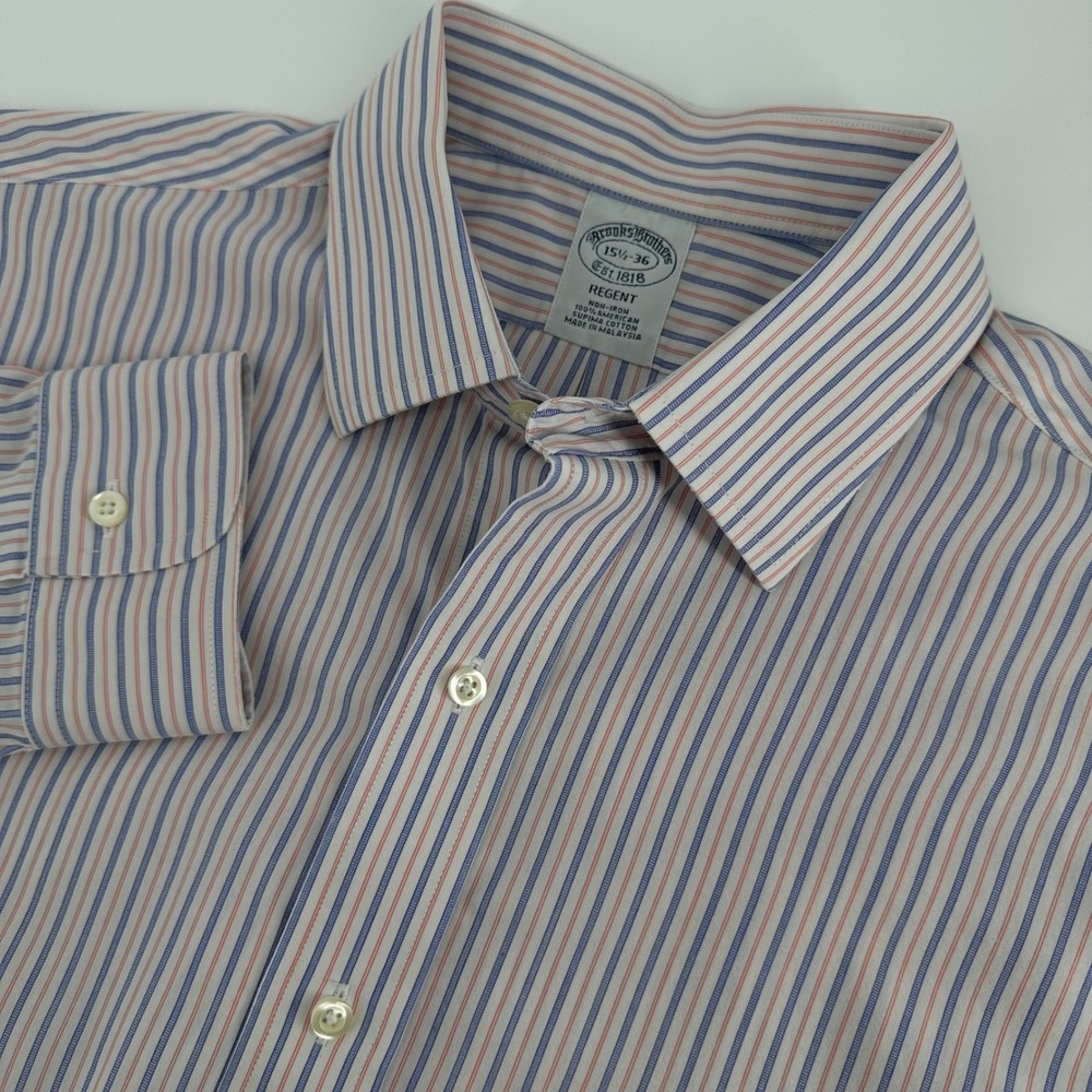 Brooks Brothers Men's Dress Shirt 15.5-36 Blue Orange Regent Non-Iron Stripe
